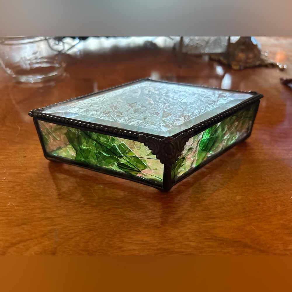 Vintage glass etched box jewelry box green hues